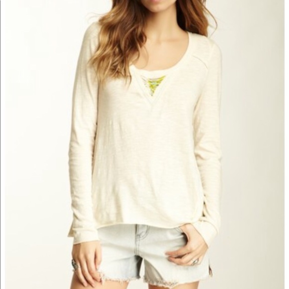 FREE PEOPLE Women’s Cream Beaded Neck Long Sleeve Boho Top Size Medium